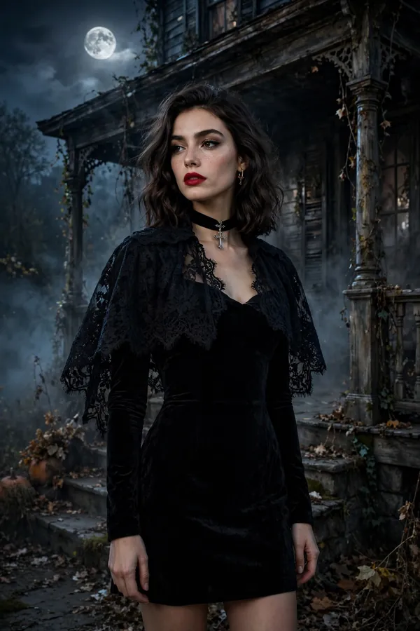 Model wearing a black velvet dress with a lace capelet and choker in a vampire-chic haunted house look