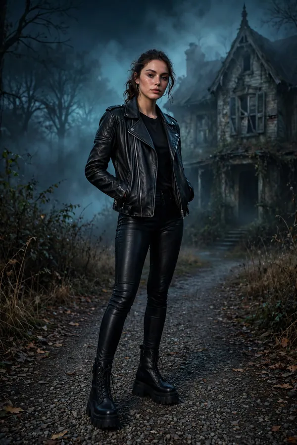 Woman in a black moto leather jacket and leather leggings by a foggy haunted house at night