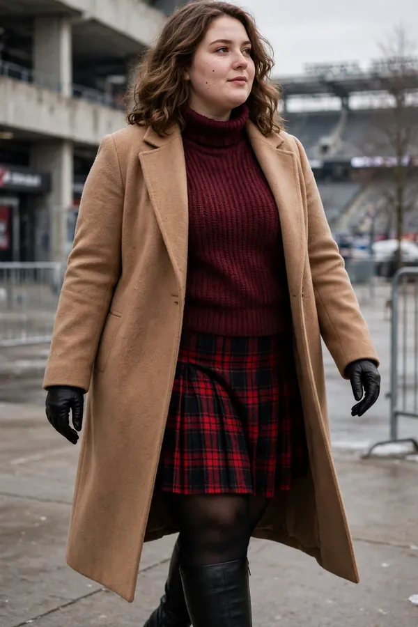 A curvy young woman wearing a long camel wool coat, burgundy sweater, black-and-red plaid pleated skirt, black opaque tights and black knee-high boots at a cold football stadium