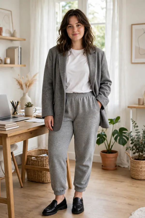 A moderately curvy young woman in grey sweatpants, a white t-shirt, and a grey oversized blazer with loafers in a bright home office