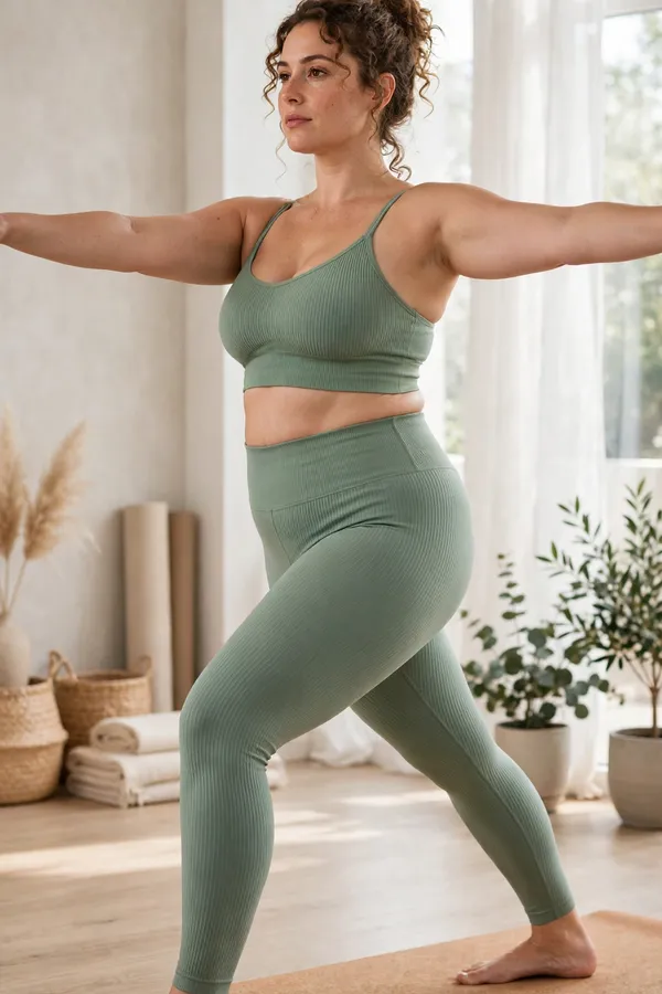 Moderately curvy woman in a sage ribbed yoga set on a mat in a bright studio.