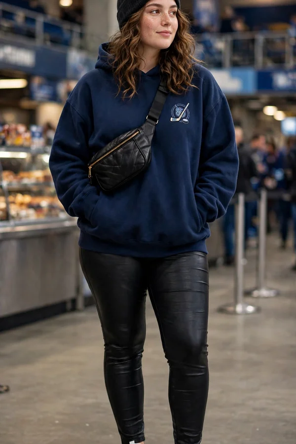 A curvy young woman in an oversized team hoodie and faux-leather leggings with chunky sneakers at a hockey game