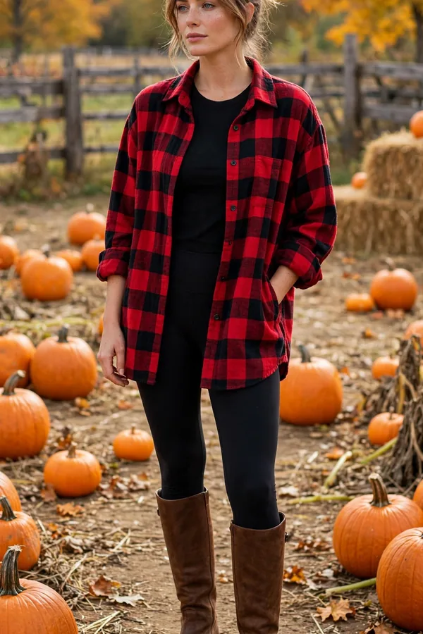 Woman in an oversized red buffalo check flannel shirt with black leggings and brown knee-high boots at a pumpkin patch