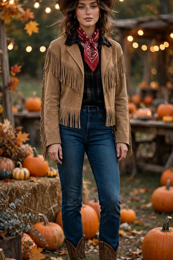 A woman in a denim outfit with a fringe jacket, cowboy boots, and a cowboy hat at an outdoor fall party