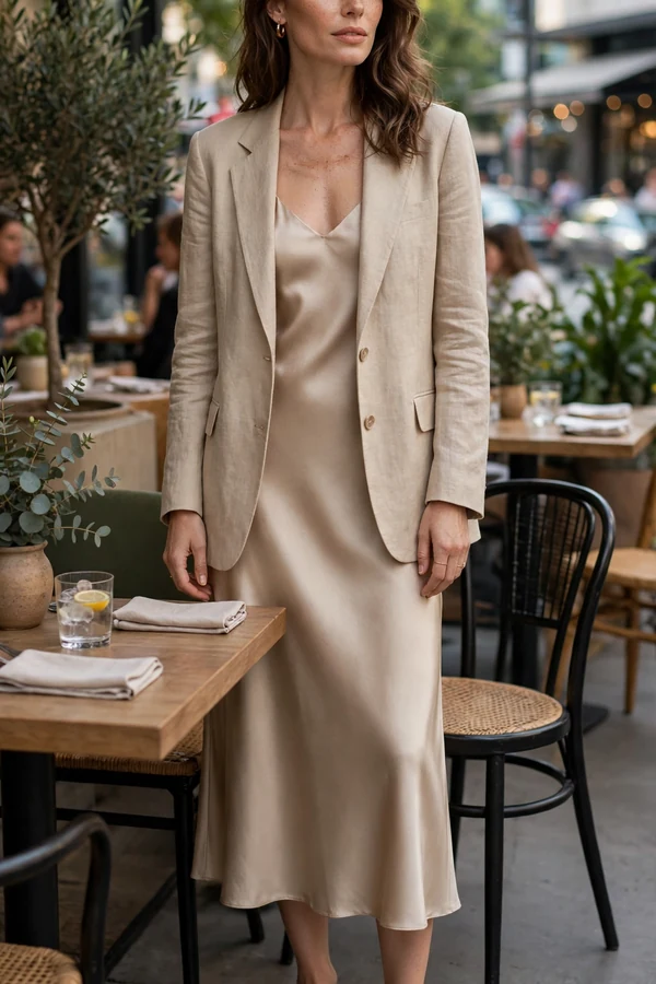 A woman wearing a beige blazer over a champagne slip dress with pointed flats at a city restaurant