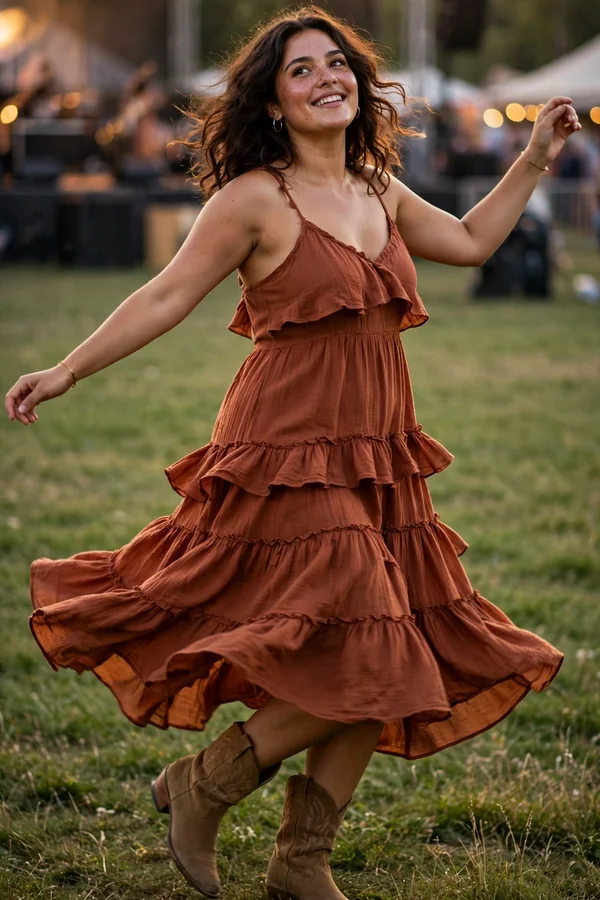 A curvy young woman in a flowy rust tiered midi dress and tan cowboy boots dancing on a grassy festival lawn