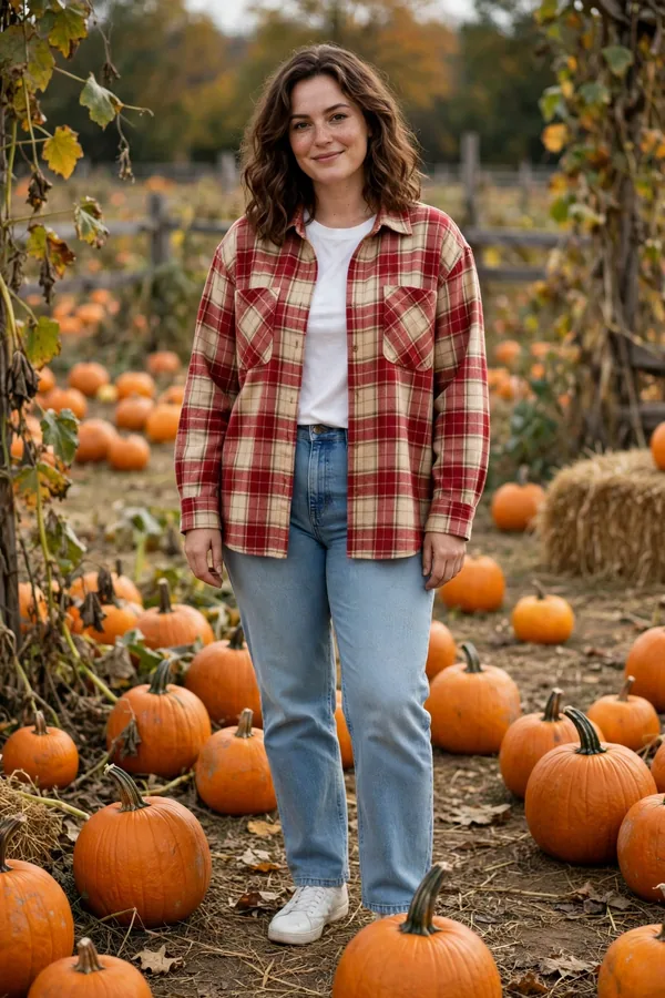 A woman in a red and cream plaid shacket over a white tee and light jeans at a pumpkin patch