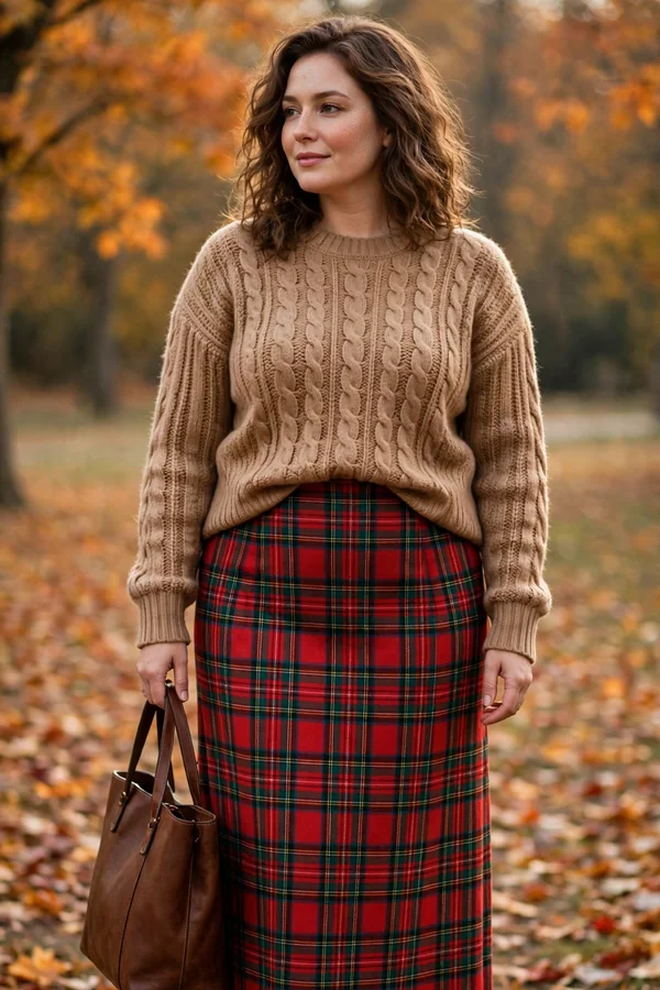 A curvy young woman wearing a camel knit sweater, red and green plaid midi skirt and tan ankle boots among autumn leaves