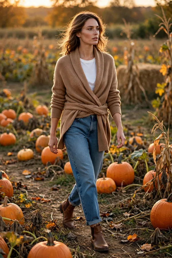 Woman walking through pumpkin rows wearing a camel wrap cardigan over a white tee with relaxed mom jeans and brown leather booties