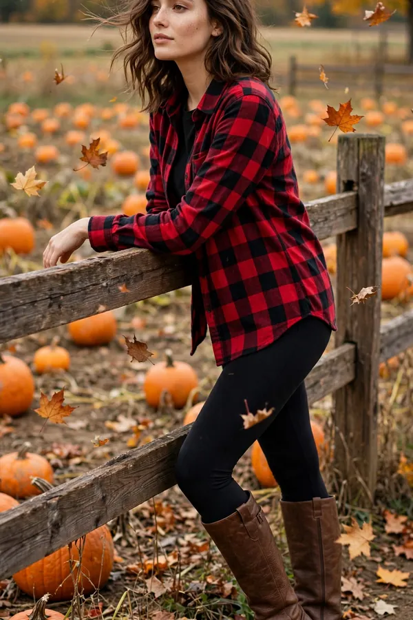 Woman leaning on a wooden farm fence wearing a red-and-black buffalo plaid flannel shirt, black leggings and knee-high brown leather boots