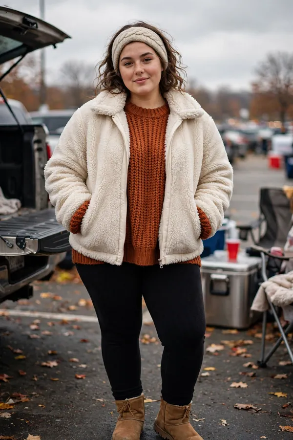 A curvy young woman wearing a cream sherpa fleece jacket, rust oversized knit sweater, black fleece-lined leggings and tan ankle boots at a cold tailgate