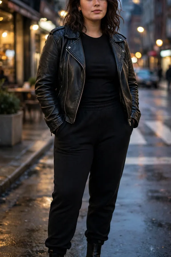 A moderately curvy young woman in black sweatpants, a black top, and a leather jacket with ankle boots on an evening city street