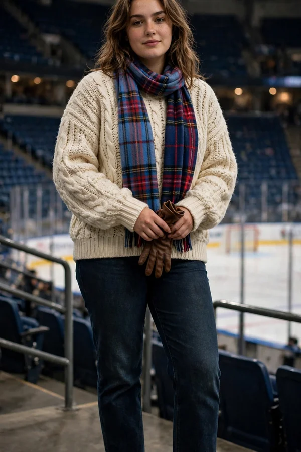 A curvy young woman wearing a chunky cream knit sweater and a team-coloured plaid scarf with jeans at a hockey arena