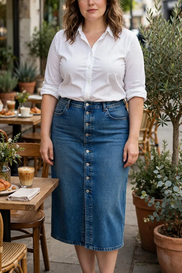 A moderately curvy woman in a denim midi skirt and a crisp white shirt with white sneakers at a daytime cafe