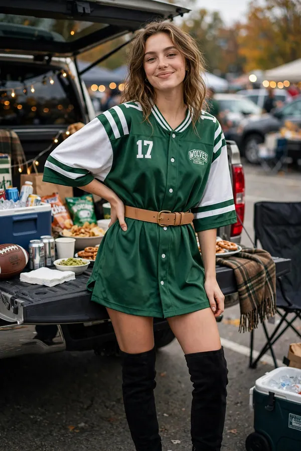 Woman wearing an oversized football jersey as a dress with a tan belt and black over-the-knee boots