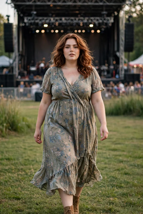 A young woman in a flowy floral midi dress and tan ankle boots walking toward a concert stage