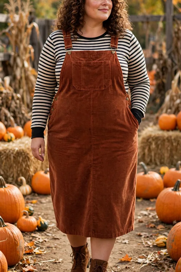 Woman in a rust corduroy overall dress over a striped long-sleeve tee at a pumpkin patch