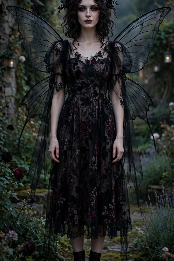 A woman in a dark floral dress with black fairy wings and a dark flower crown in a garden at dusk