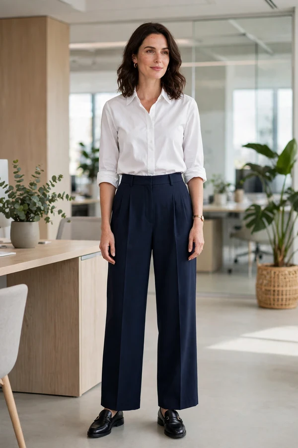 A woman in a crisp white shirt tucked into navy wide-leg trousers with loafers in a bright modern office