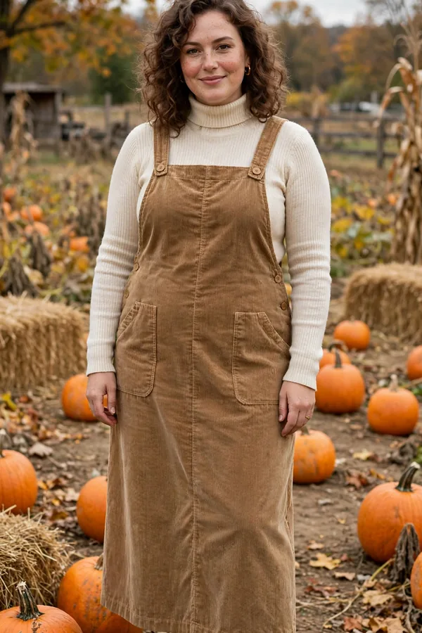 A woman in a tan corduroy overall dress over a cream turtleneck at a pumpkin patch