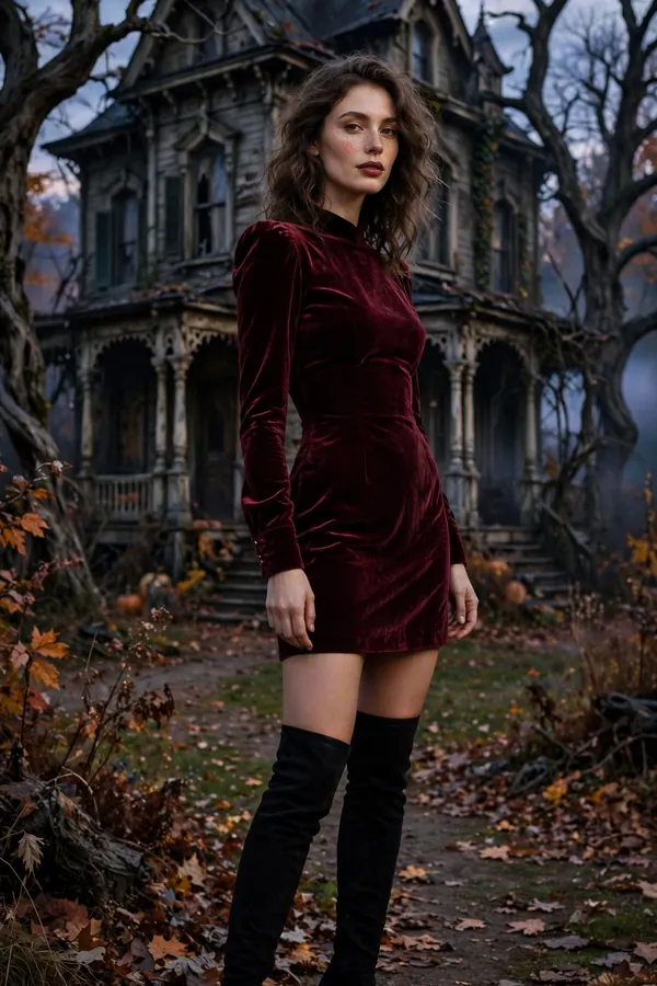 Model in a burgundy velvet mini dress and over-the-knee boots outside a haunted house