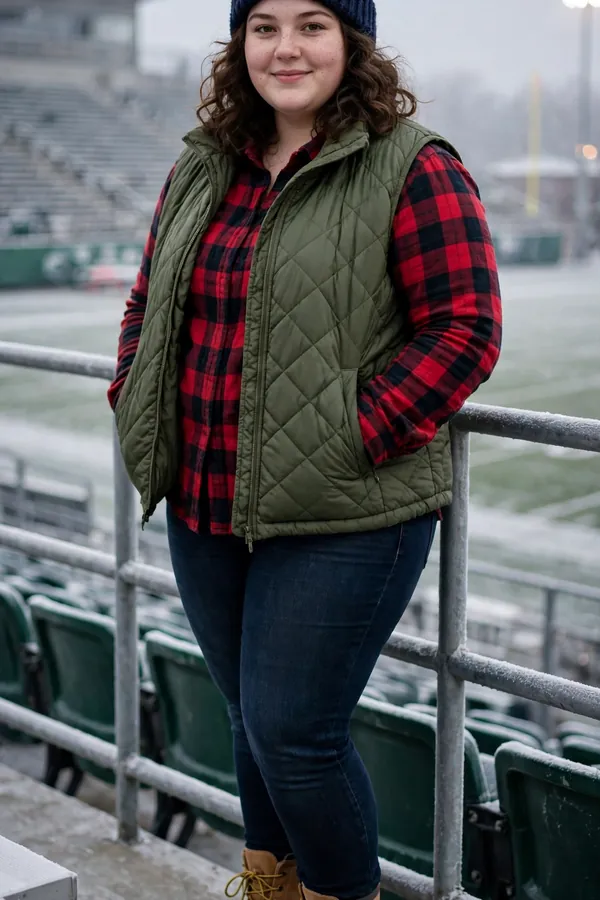 A curvy young woman wearing a green quilted vest over a red-and-black flannel shirt, dark jeans, tan duck boots and a navy knit beanie at a cold football stadium