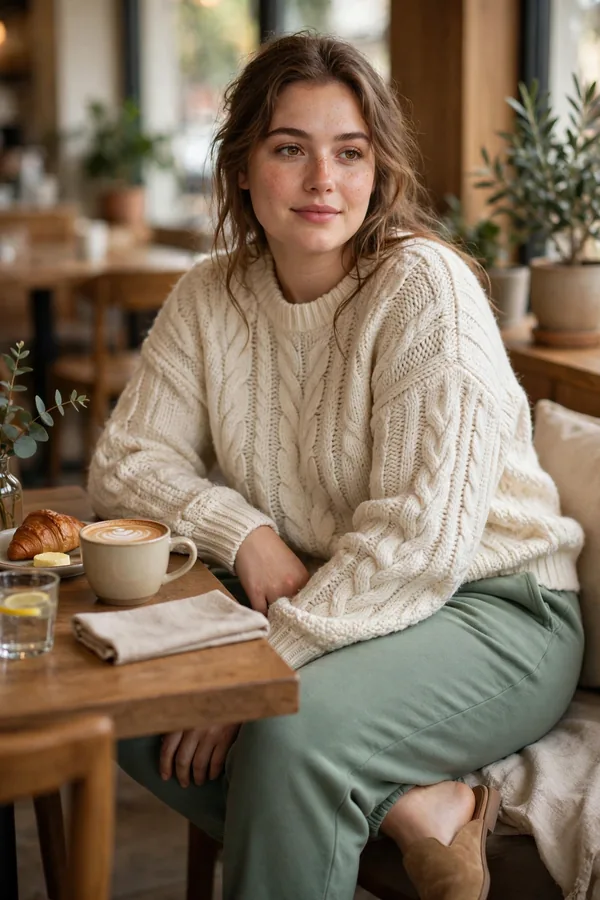 A moderately curvy young woman in sage green sweatpants and a cream chunky knit sweater with tan mules at a cozy cafe
