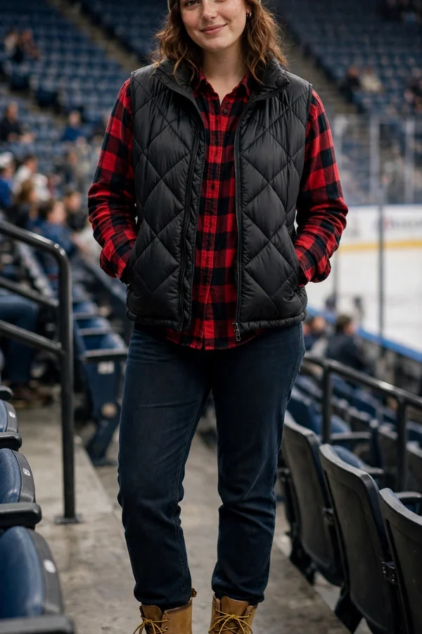 A curvy young woman in a puffer vest over a red flannel shirt with jeans and duck boots at a hockey game