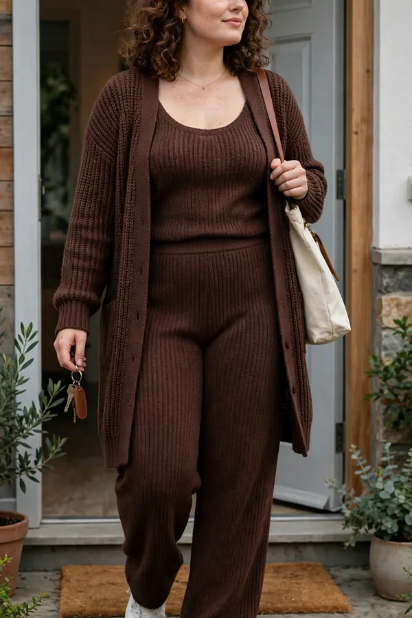 A moderately curvy woman in a chocolate knit co-ord set with a longline cardigan and white sneakers at home before heading out