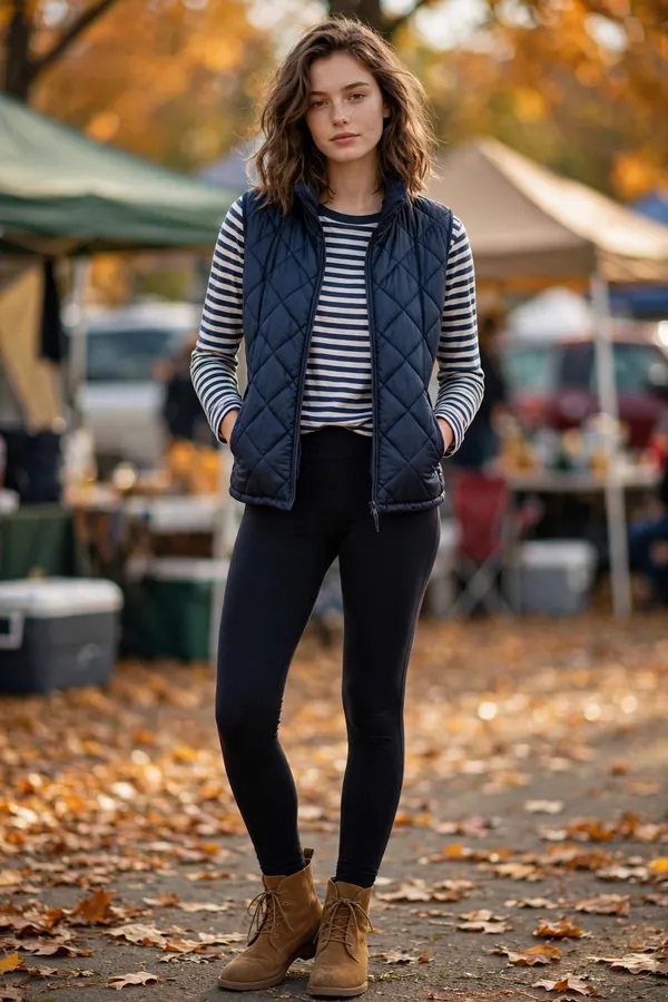 Woman in a navy quilted vest over a striped long-sleeve tee with black leggings and tan ankle boots