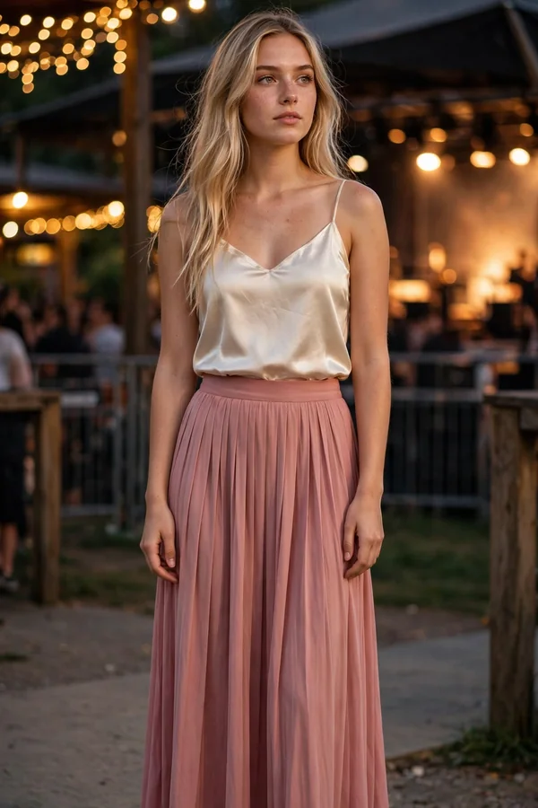 A young woman wearing a cream satin camisole and a pleated dusty-rose maxi skirt at an evening concert