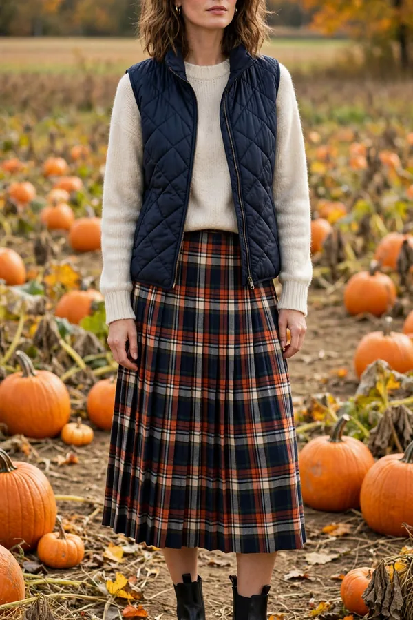 Woman in a navy quilted vest over a cream sweater with a plaid midi skirt and black Chelsea boots in a pumpkin field