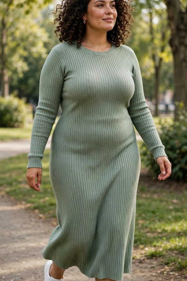 A curvy woman in a ribbed sage knit midi dress and white sneakers walking through a park
