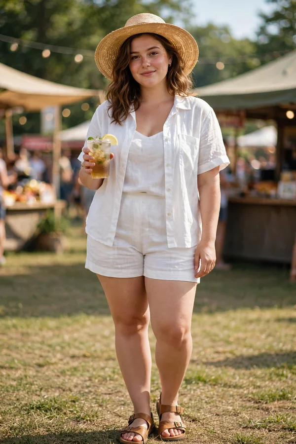 A curvy young woman in a white linen shorts set and a straw hat holding a cold drink at a sunny festival