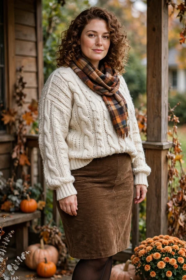 A curvy young woman wearing a cream chunky knit sweater, brown corduroy skirt, black tights and tan ankle boots on a porch with pumpkins
