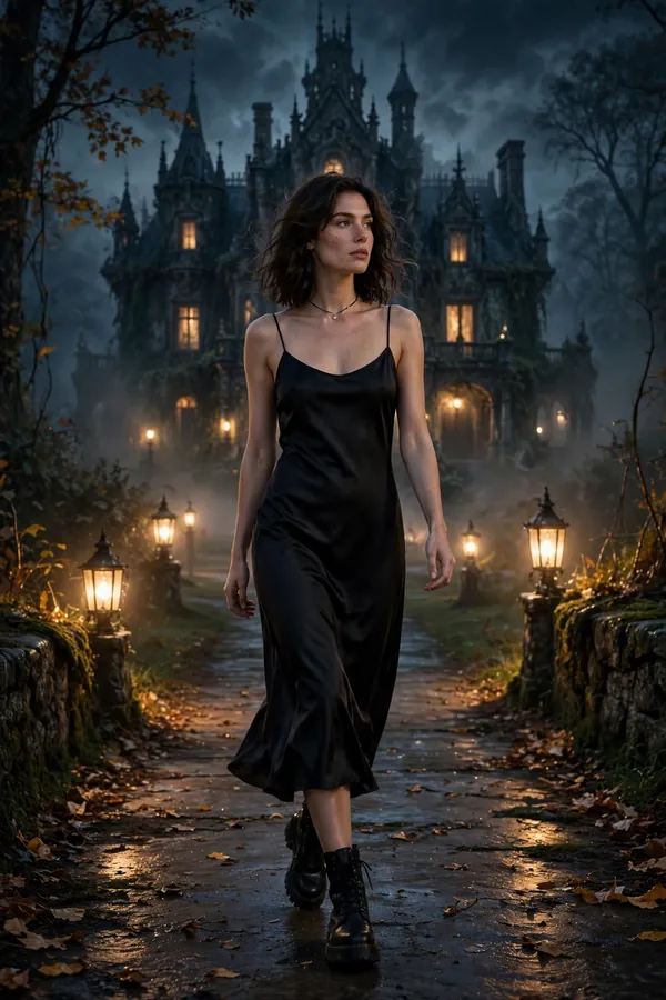 Woman wearing a black midi slip dress with combat boots and a choker on a haunted-house night