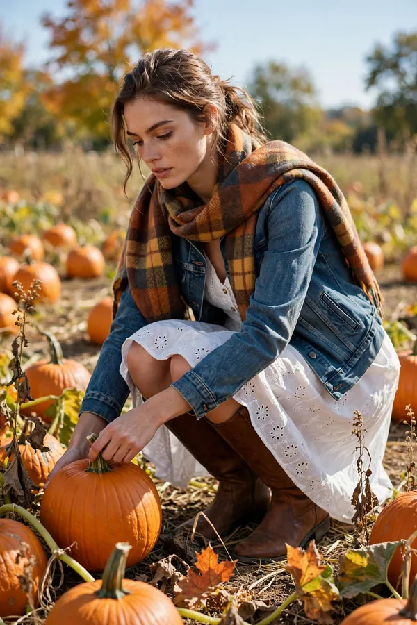 Woman holding a pumpkin wearing a classic denim jacket over a white sundress with tall brown leather boots and a plaid blanket scarf