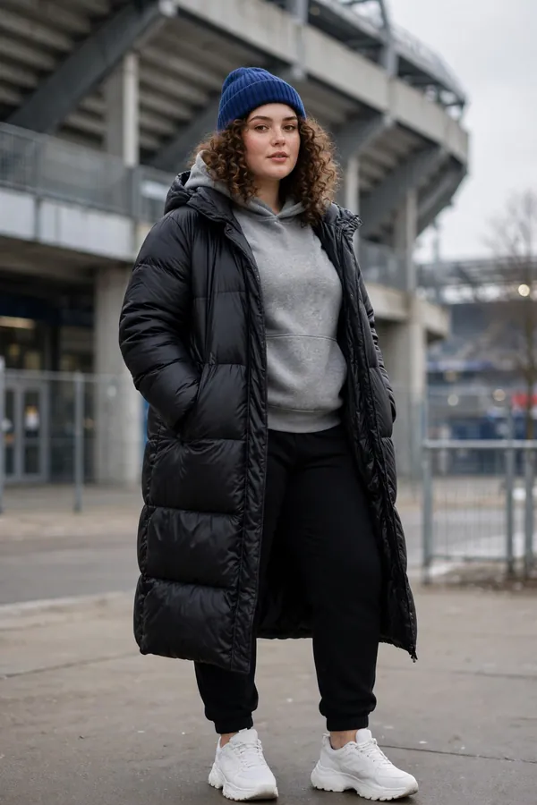 A curvy young woman wearing a long black puffer coat, grey hoodie, black joggers, chunky white sneakers and a team-colour beanie outside a stadium on a cold day
