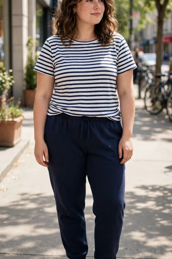 A moderately curvy young woman in navy sweatpants and a striped Breton top with ballet flats on a sunny sidewalk