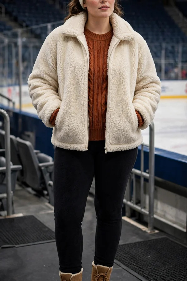 A curvy young woman wearing a cream sherpa jacket and fleece-lined leggings with ankle boots at a hockey arena