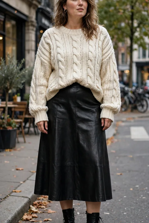 A moderately curvy woman in a black leather midi skirt with an oversized cream knit sweater and ankle boots on a city street
