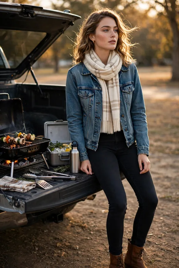 Woman wearing a medium-wash denim jacket with a cream plaid scarf, black skinny jeans and ankle boots