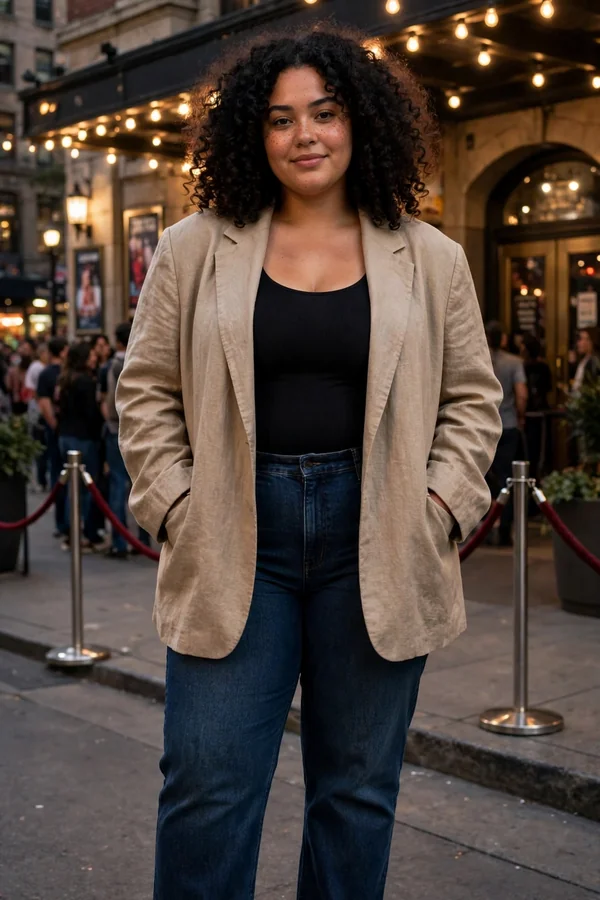 A young woman in an oversized beige blazer, black bodysuit, and straight jeans at a city concert venue