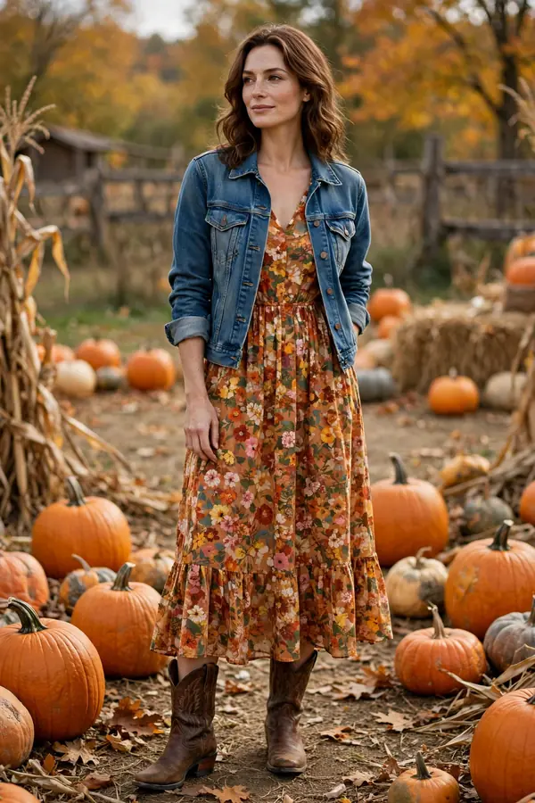Woman in a floral midi dress with a denim jacket and brown cowboy boots among pumpkins