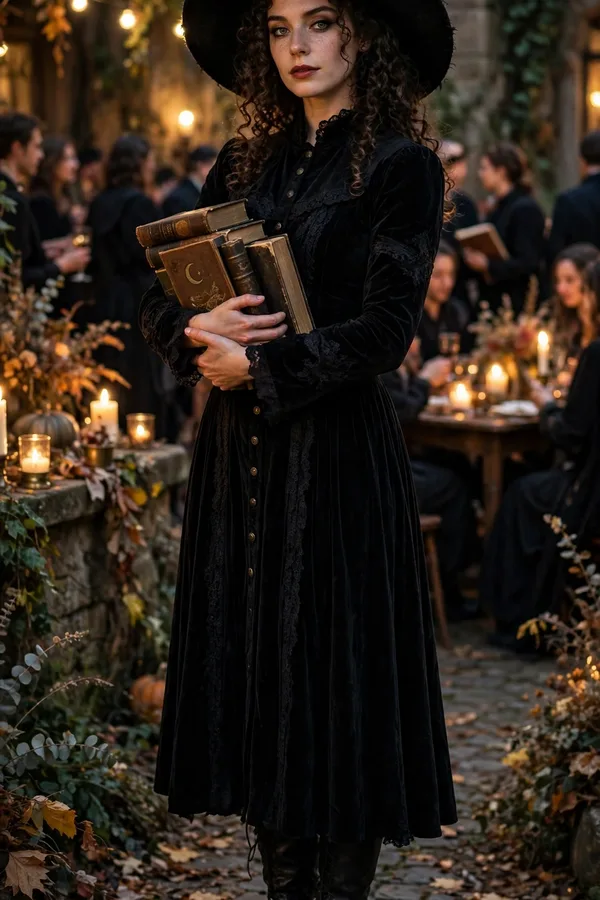 A woman in a long black dress and wide-brim hat holding a stack of old books at an evening gathering