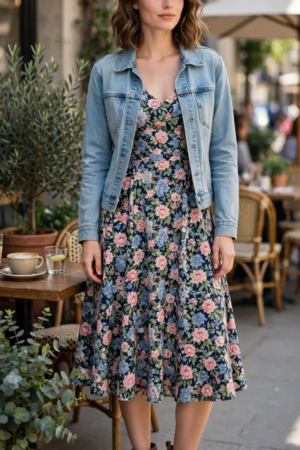 A woman in a floral cocktail dress with a light-wash denim jacket and ankle boots at an outdoor cafe