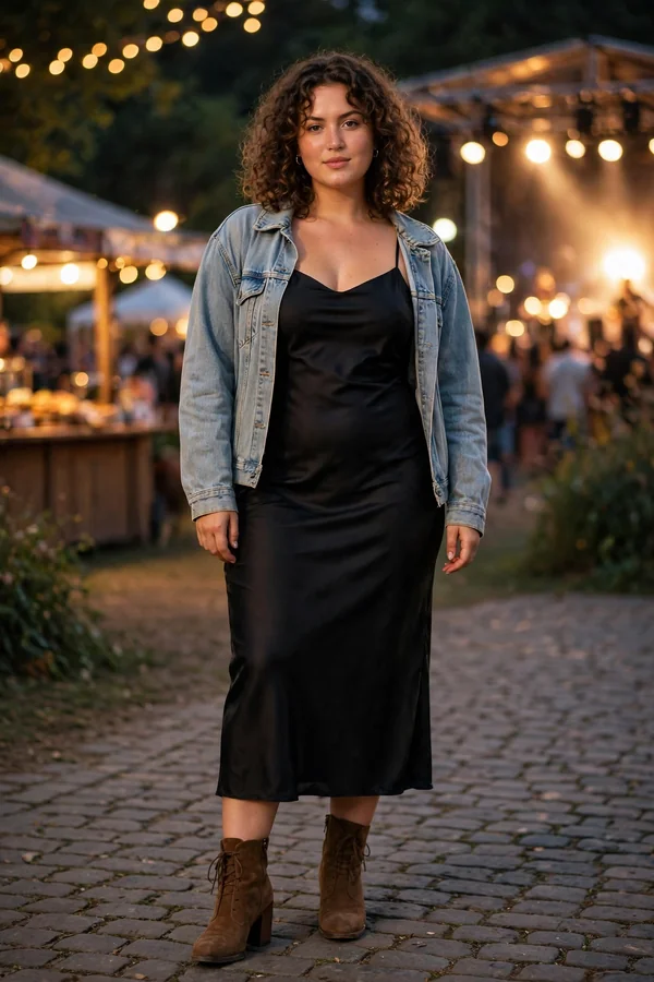 A curvy young woman wearing a black slip dress, a light-wash denim jacket, and ankle boots at an evening festival set