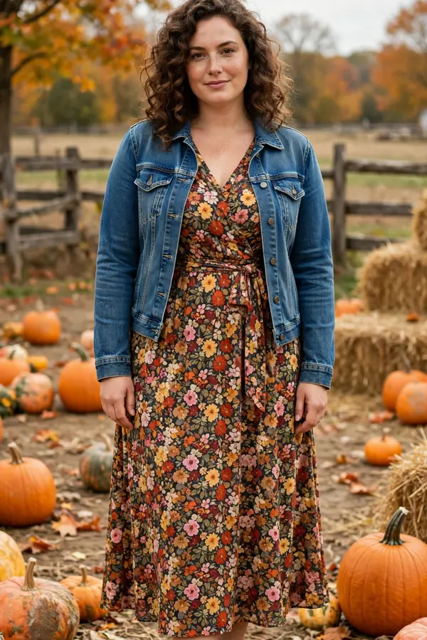 A woman in a floral midi dress with a denim jacket and tan ankle boots at a pumpkin patch