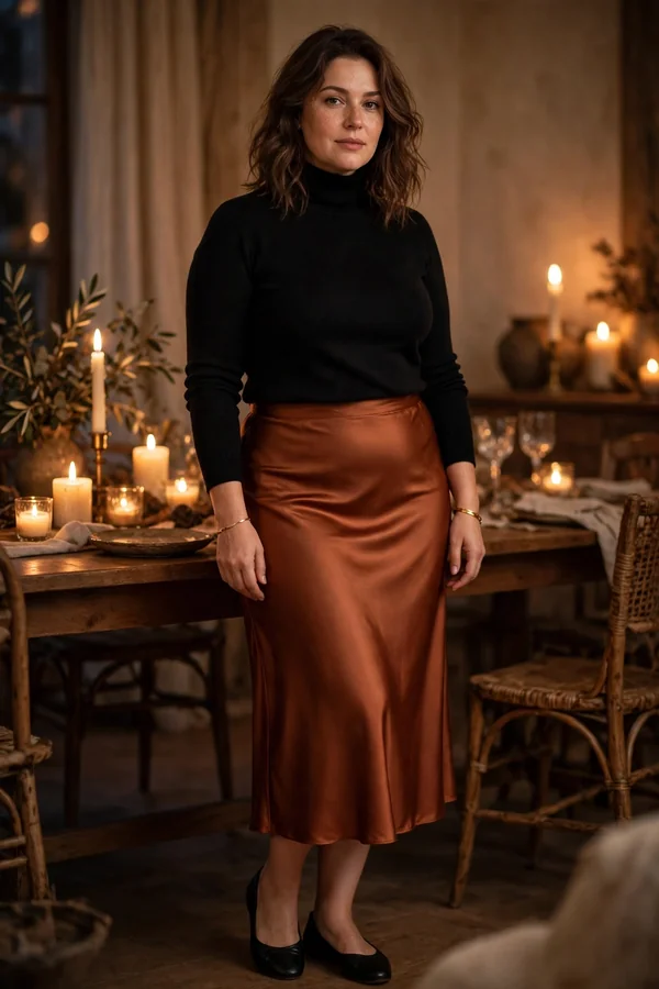 A curvy young woman wearing a black turtleneck, rust satin midi skirt and black ballet flats in a candlelit dining room