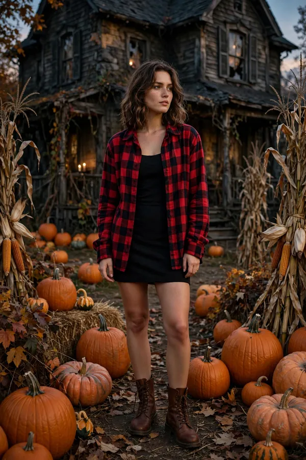 Model layering a red-and-black plaid flannel shirt over a black dress with combat boots at a pumpkin patch